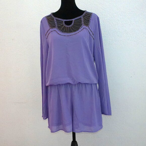 Iovposh, Purple long sleeve romper, with golden beads/fine chain details - Picture 3 of 16